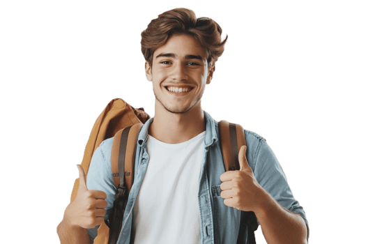 A young man with a backpack and thumbs up png
