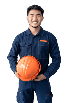 A man in a blue uniform holding a hard hat png