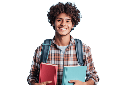 A young man with books and a backpack png
