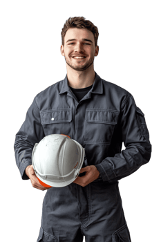 A man in a grey coverall holding a hard hat png