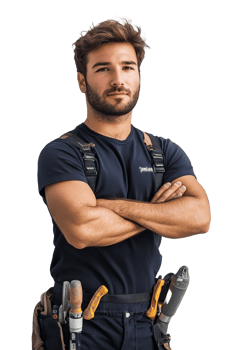 A man in a blue shirt and black work clothes with tools png