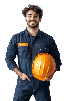 A man in a blue overalls and hard hat png