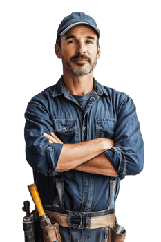 A man in a blue overalls and hat with a tool belt png