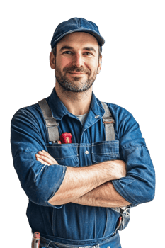 A man in blue overalls and a hat png