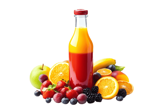 A bottle of juice surrounded by fruit png