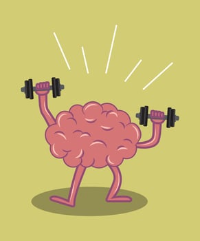 cute brain power. Brain workout. Cartoon brain character lifting dumbbells. Education concept illustration. vector