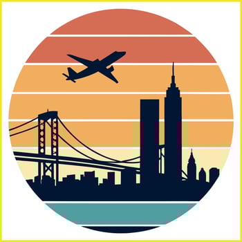 a plane flies over the skyline of new york city vector