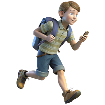 Boy Sprinting with Backpack and Phone in Hand png