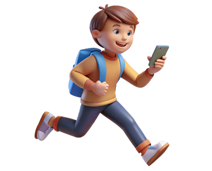 Boy Running Joyfully Toward Adventure with Phone and Bag png