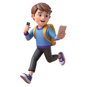 Quick Boy with School Bag and Smartphone in Hand png
