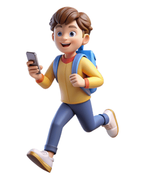 Boy Running Happily with Smartphone and Backpack png