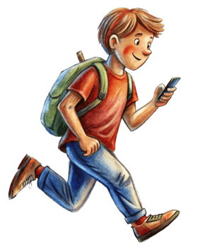 Smiling Student Boy Running with Phone and Bag png