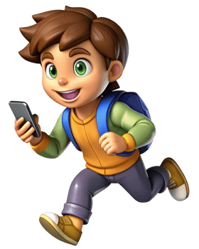 Young Boy Running with a Phone in Hand and Backpack png
