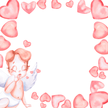Square frame with flying angel and hearts. Isolated watercolor illustration for invitation design, children's party decoration, Valentine's Day. png