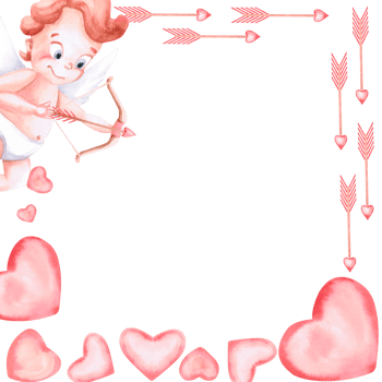 Square frame with a flying angel shooting an arrow into a heart. Isolated illustration for invitation design, children's party decoration, Valentine's Day. png