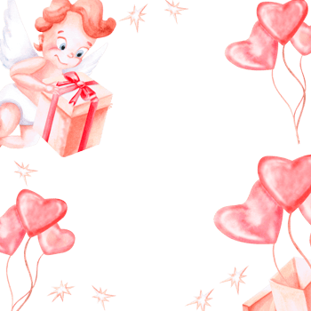 Square frame with flying angel with gift box and balloons. Isolated watercolor illustration for invitation design, children's party decoration, Valentine's Day. png