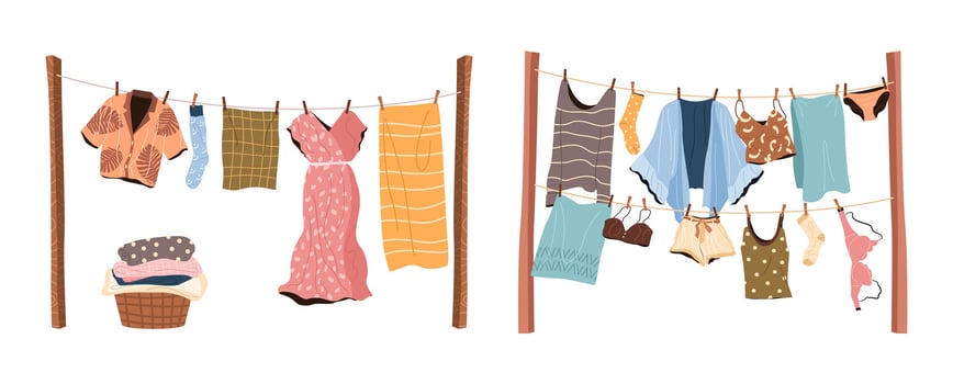 Different clean clothes drying on clotheslines. Set of modern clothing for men and women pinned with clothespins. Cleaning and laundry concept. Washing routine. Isolated flat illustrations. vector