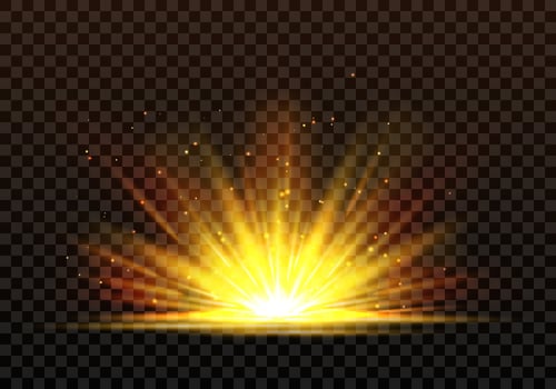 A bright golden light effect, sunrise, sunrays, burst, star. Highlights and multiple realistic rays. Isolated transparent effect on dark background for web designs, new year, birthday, concerts. vector