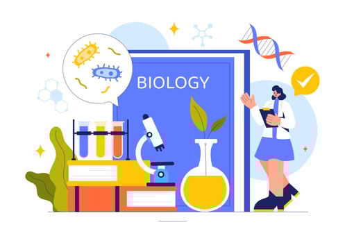 Biotechnology and Genetics Illustration Featuring DNA, Viruses, and Genome in a Flat Cartoon Style vector