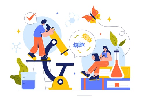 Scientific Illustration Featuring DNA Molecule, Virus, and Genetic Research in a Flat Cartoon Style vector