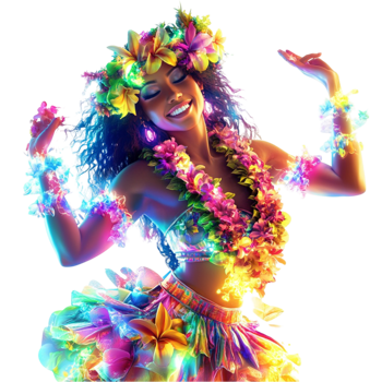 A woman in a colorful hula dress with floral accessories on transparent background png