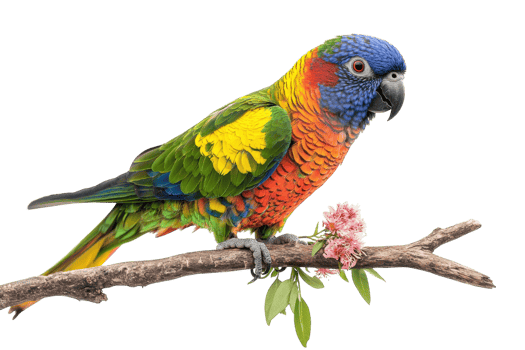 Colorful parrot perched on a branch with vibrant feathers and delicate flowers in bright surroundings png