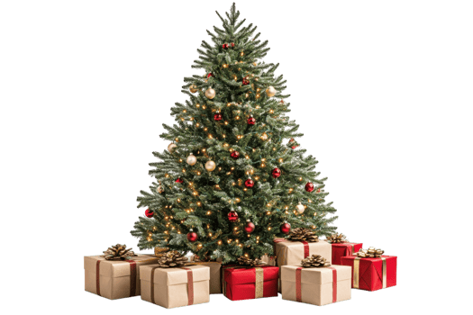 Festive Christmas tree decorated with lights and ornaments surrounded by gift boxes png