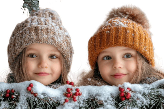 Smiling children posing together with winter hats and snow-covered decorations during the holiday season png