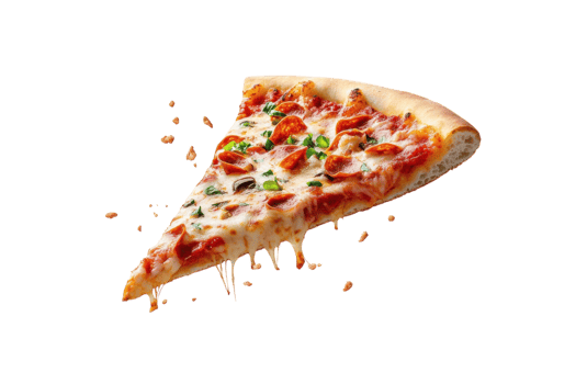 Delicious slice of pizza topped with cheese, pepperoni, and green peppers ready to enjoy png