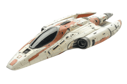 Miniature spaceship model crafted with intricate details, showcasing a weathered design and futuristic aesthetics png