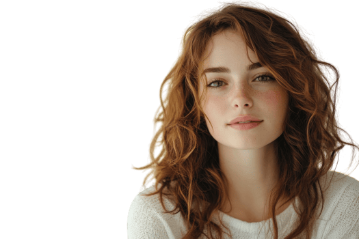 Young woman with curly hair poses confidently against a white background in soft natural light png