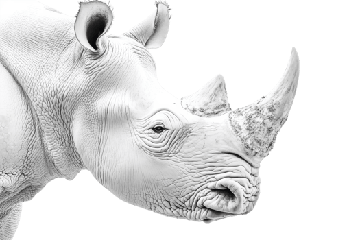Portrait of a white rhinoceros showcasing its unique features in a stark monochromatic setting png