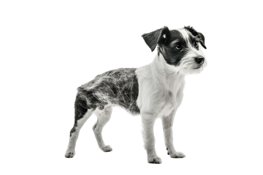 Dog with unique fur pattern stands against white background showcasing its striking features and playful demeanor in a studio setting png