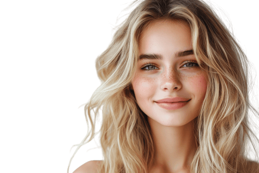 Smiling young woman with long wavy hair against a plain background during a portrait session png