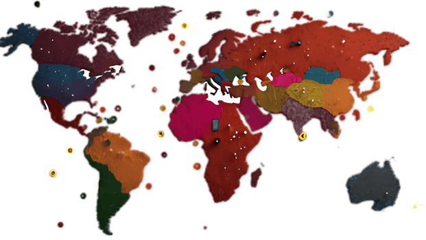 A map of the world with many different colored dots png