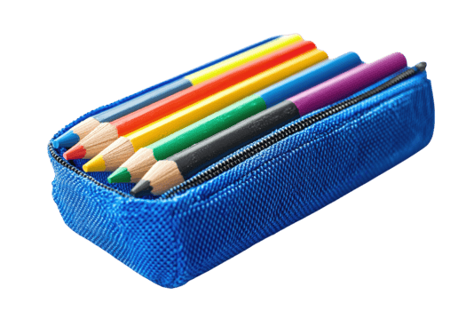 Colorful pencils arranged neatly in a bright blue pencil case for school or art activities png