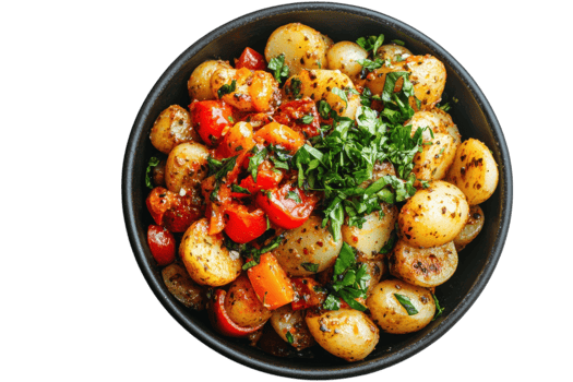 Freshly prepared potato salad with herbs and cherry tomatoes served in a black bowl png