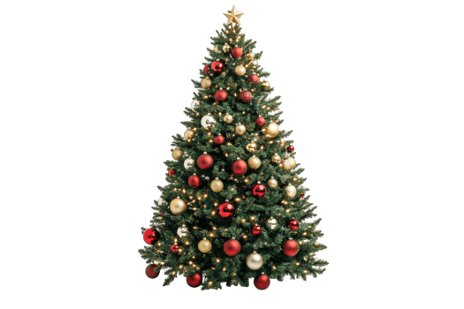 Brightly decorated Christmas tree showcasing festive ornaments and lights in a cozy indoor setting png