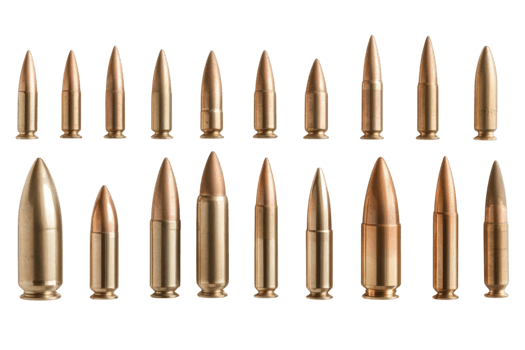 Collection of various types of metallic bullets arranged in rows for identification and comparison purposes png