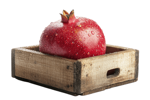 Freshly harvested pomegranate with water droplets in a rustic wooden box on a clean surface png