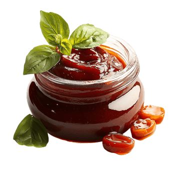 Bbq sauce in glass jar with basil garnish on transparent background png