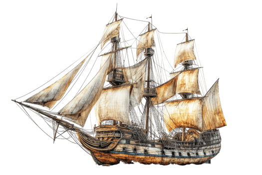 Sailing ship with multiple sails navigating through calm waters during a bright day png