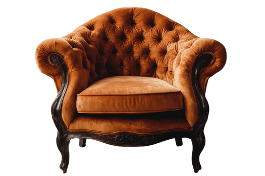 Elegant vintage armchair in rich orange upholstery with intricate tufting and ornate wooden legs png