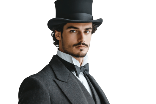 Stylish man in formal wear and top hat posing elegantly against a white background png