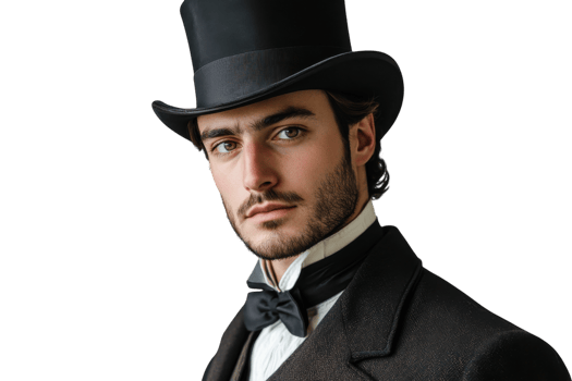 Sophisticated gentleman in vintage attire wearing a top hat and bow tie poses elegantly in a studio setting png