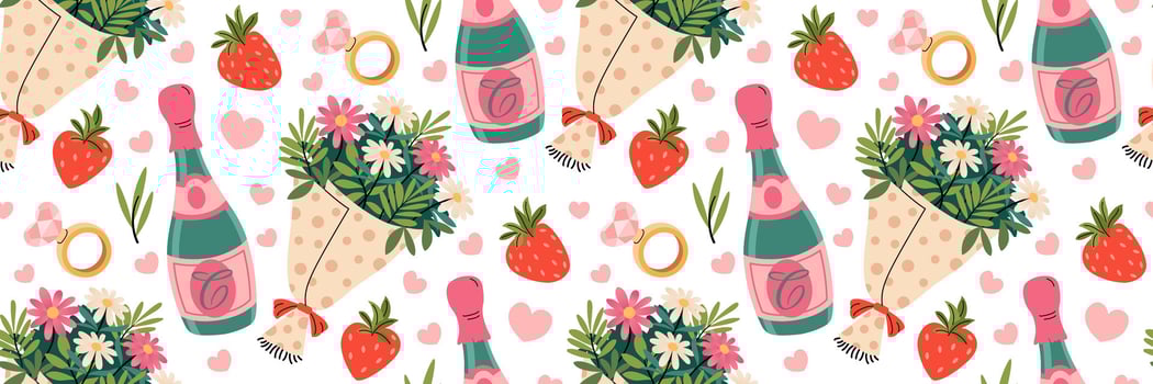 Champagne, bouquet of flowers and strawberry seamless pattern. Engagement ring with diamond heart shape. Romantic background for Valentine's Day. Gift for your dear lover. Wrapping illustration vector