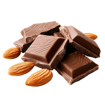 Dark chocolate pieces with almonds on transparent background png