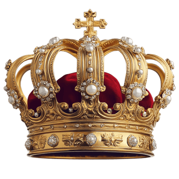 Gold royal crown with red velvet and pearls on transparent background png