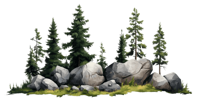 Rocks and pine trees cluster on transparent background png