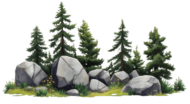 Grey rocks and green pine trees forest illustration on transparent background png